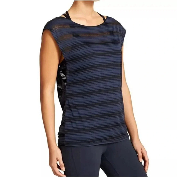 Athleta Vitality Tee Top T-Shirt Womens Large Blue Striped Semi-Sheer Athleisure - Picture 1 of 11